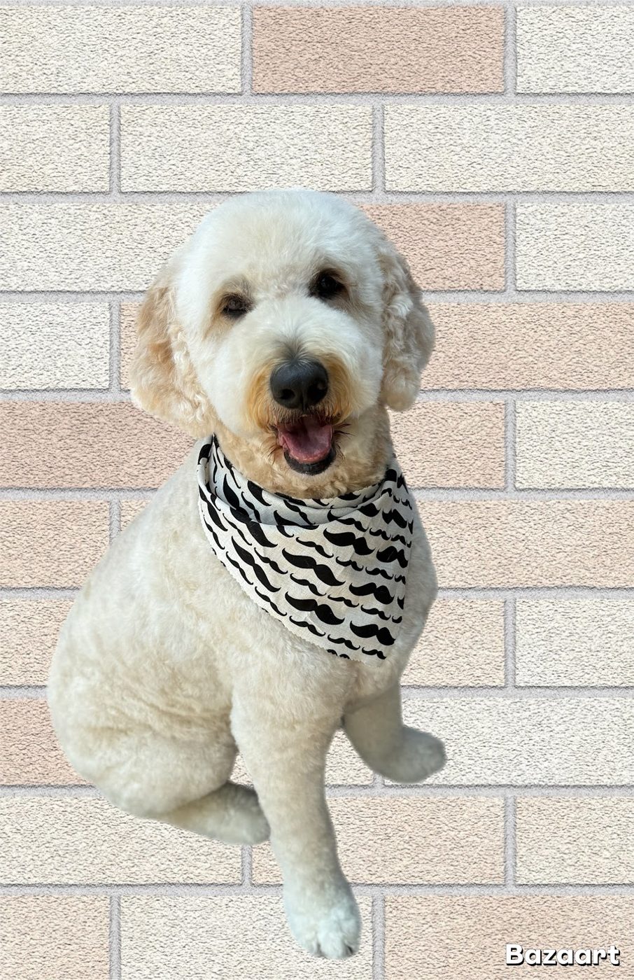 A smiling white doodle in a bandana